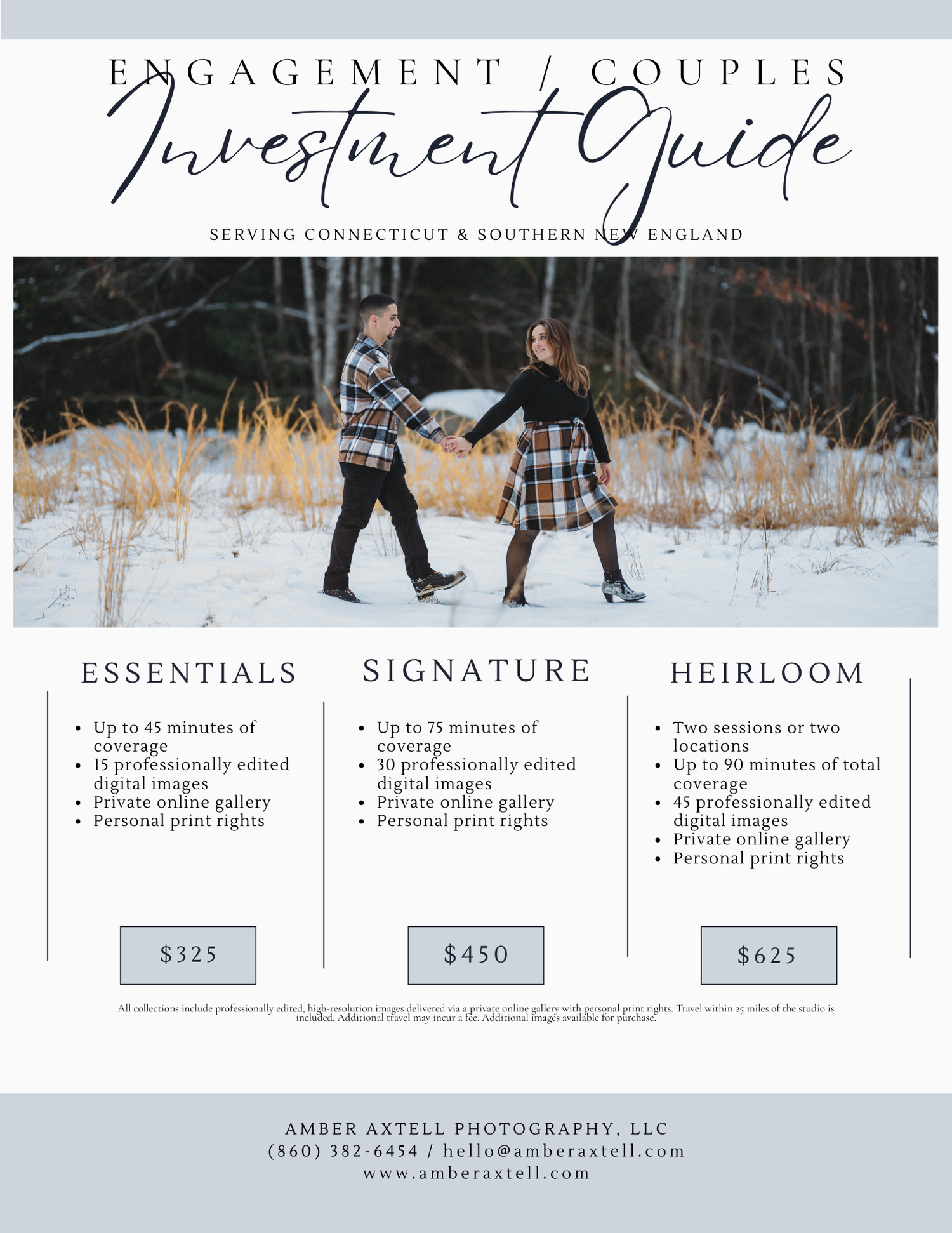Engagement and couples photography investment guide for Connecticut with three packages ranging from $325 to $625.