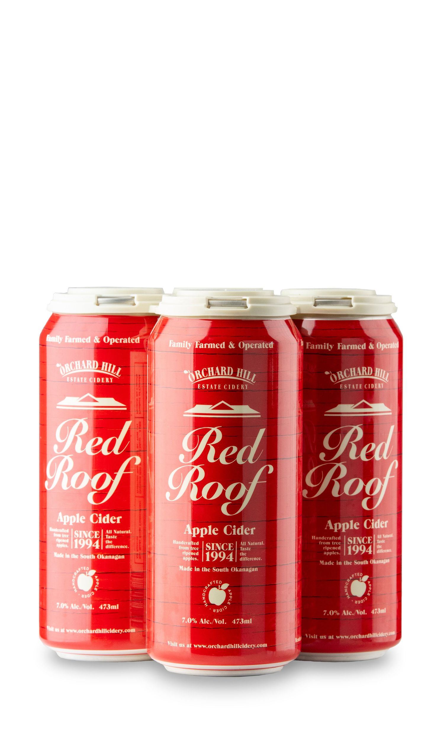 Three red cans of Orchard Hill Estate Cider Red Roof Apple Cider, family farmed since 1994, 473ml.