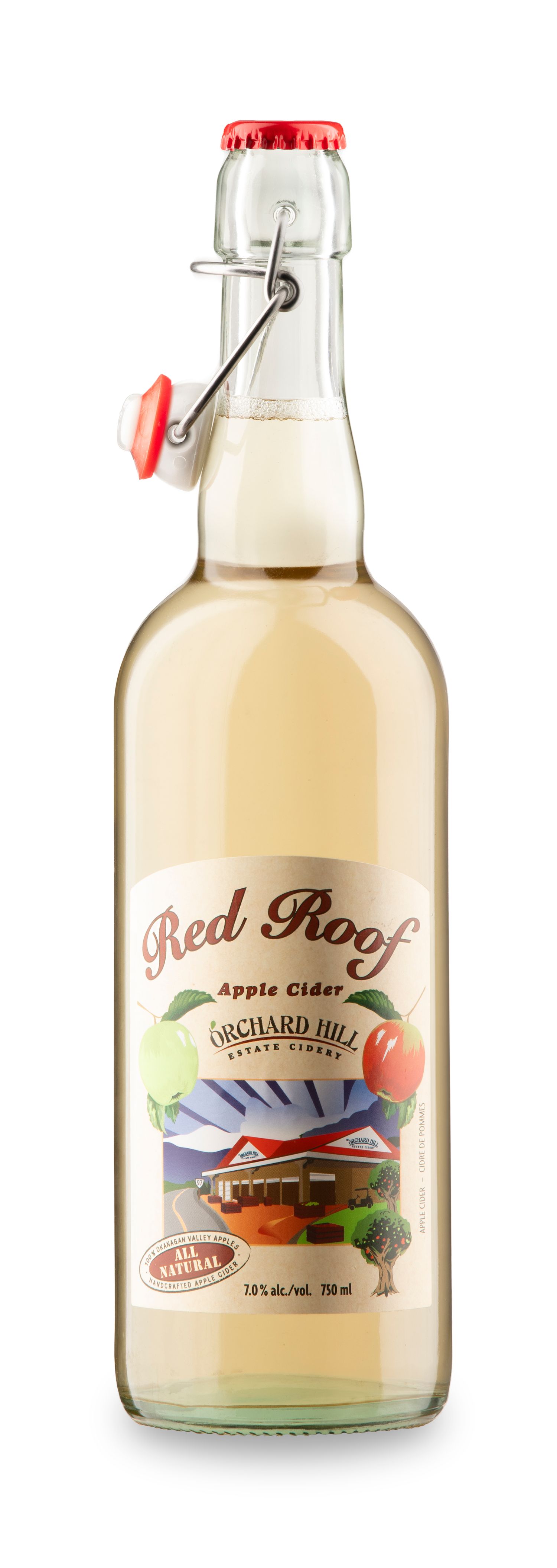Red Roof Apple Cider by Orchard Hill Estate Cidery in a 750ml glass swing-top bottle, 7.0% alc/vol, all natural.