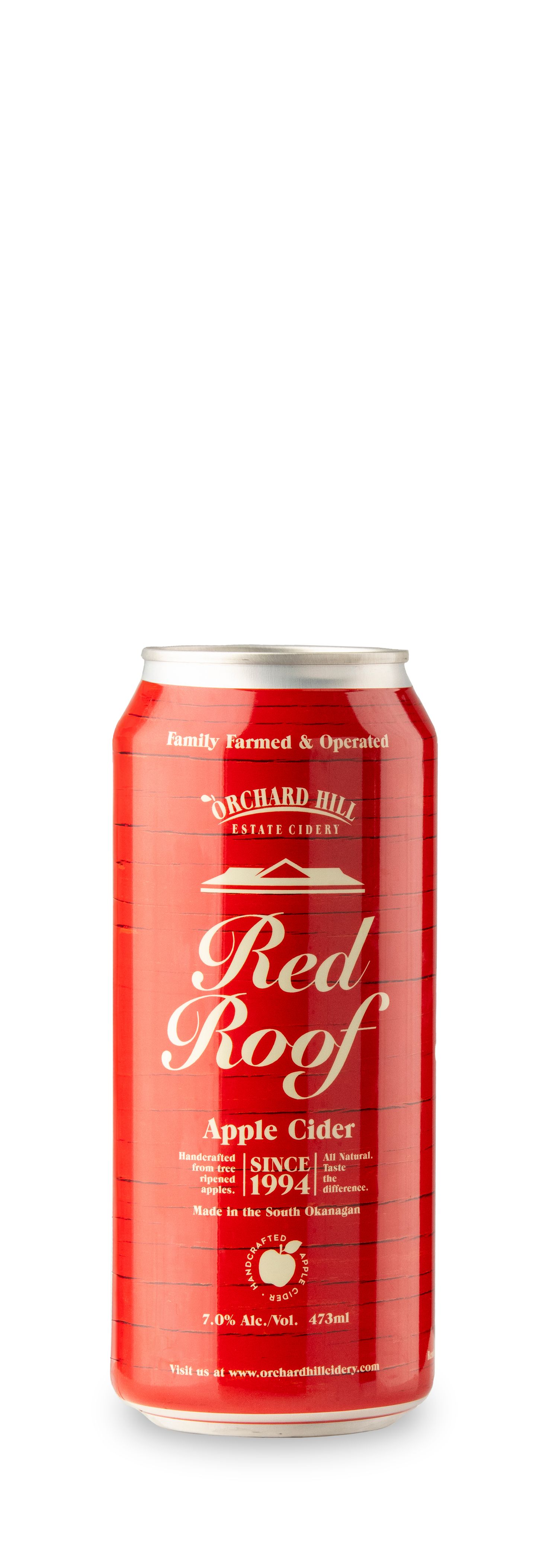 Red can of Orchard Hill Estate Cidery Red Roof Apple Cider, 7.0% Alc/Vol, 473ml, made in South Okanagan since 1994.