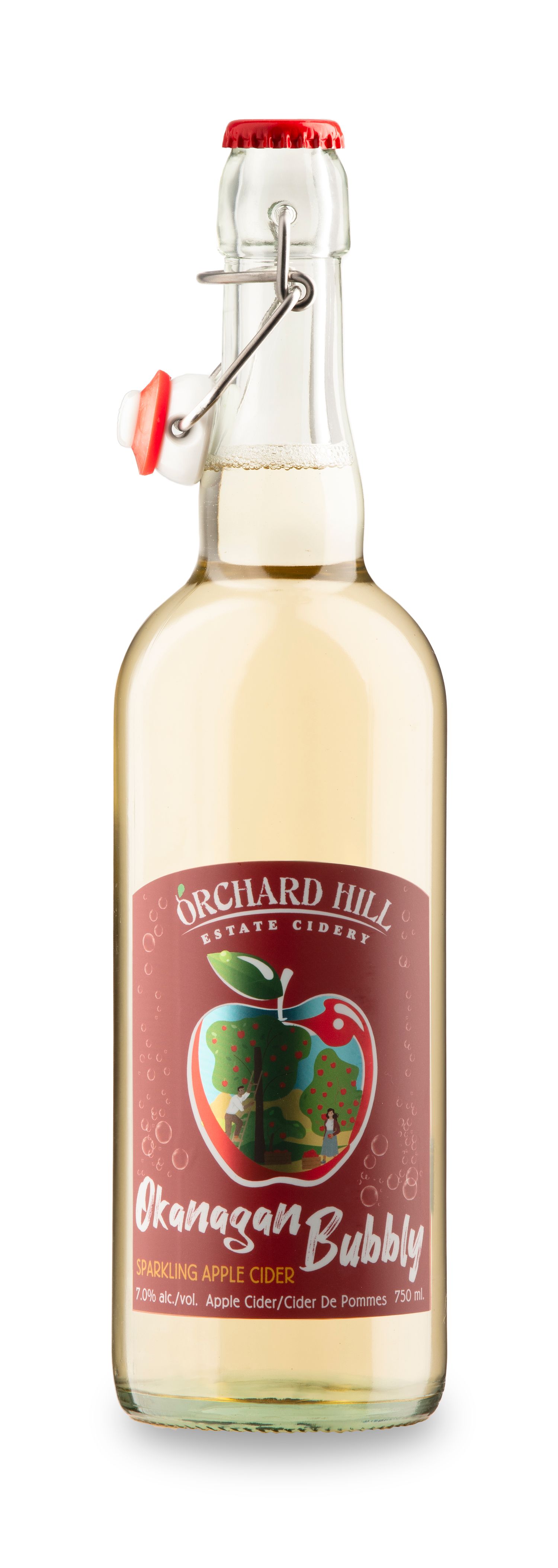 Orchard Hill Estate Cidery Okanagan Bubbly sparkling apple cider in a 750ml glass swing-top bottle, 7.0% alc.