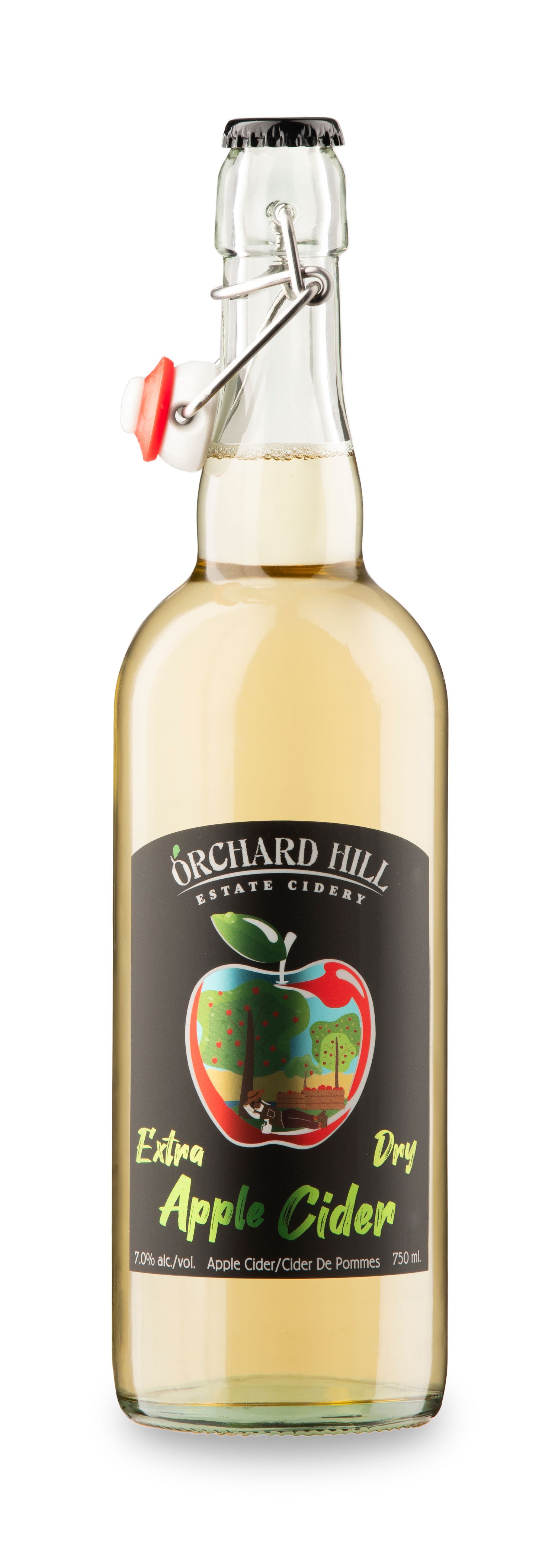 Orchard Hill Estate Cidery Extra Dry Apple Cider in a 750ml glass swing-top bottle, 7% alc/vol.