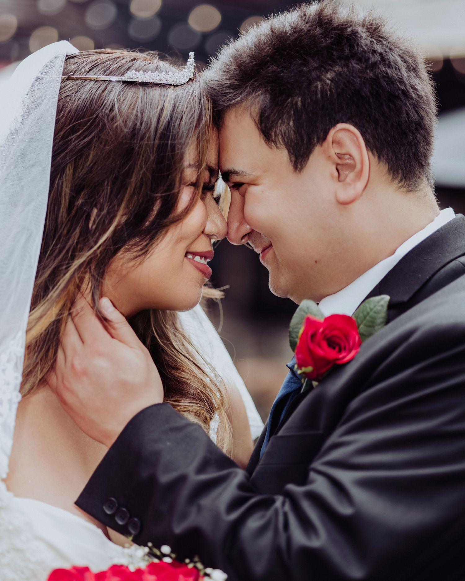 Romantic wedding couple in formal attire share intimate embraces across a series of tender moments.