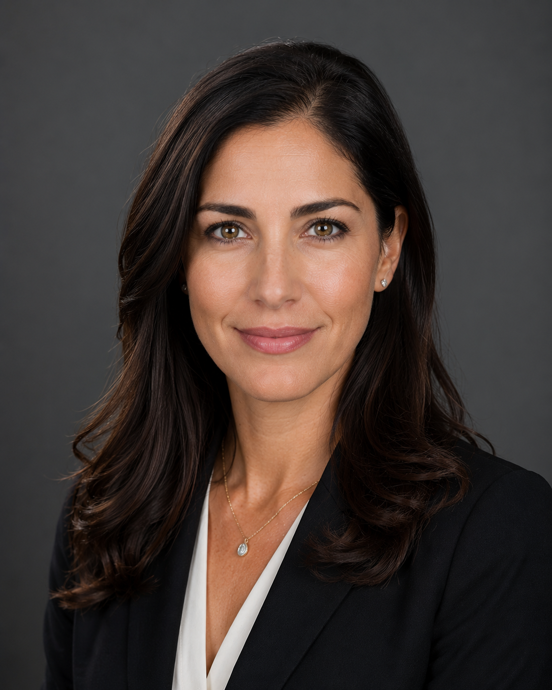 Professional headshot of a woman with dark hair in a black blazer smiling against a gray background.
