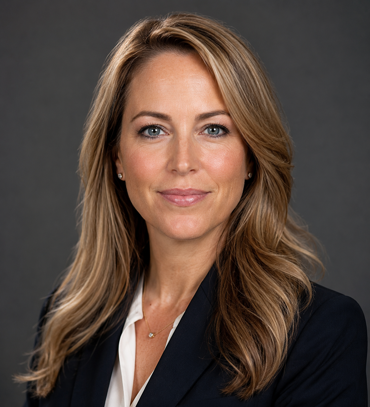 Professional headshot of a confident woman with long blonde hair wearing a dark blazer and white blouse.