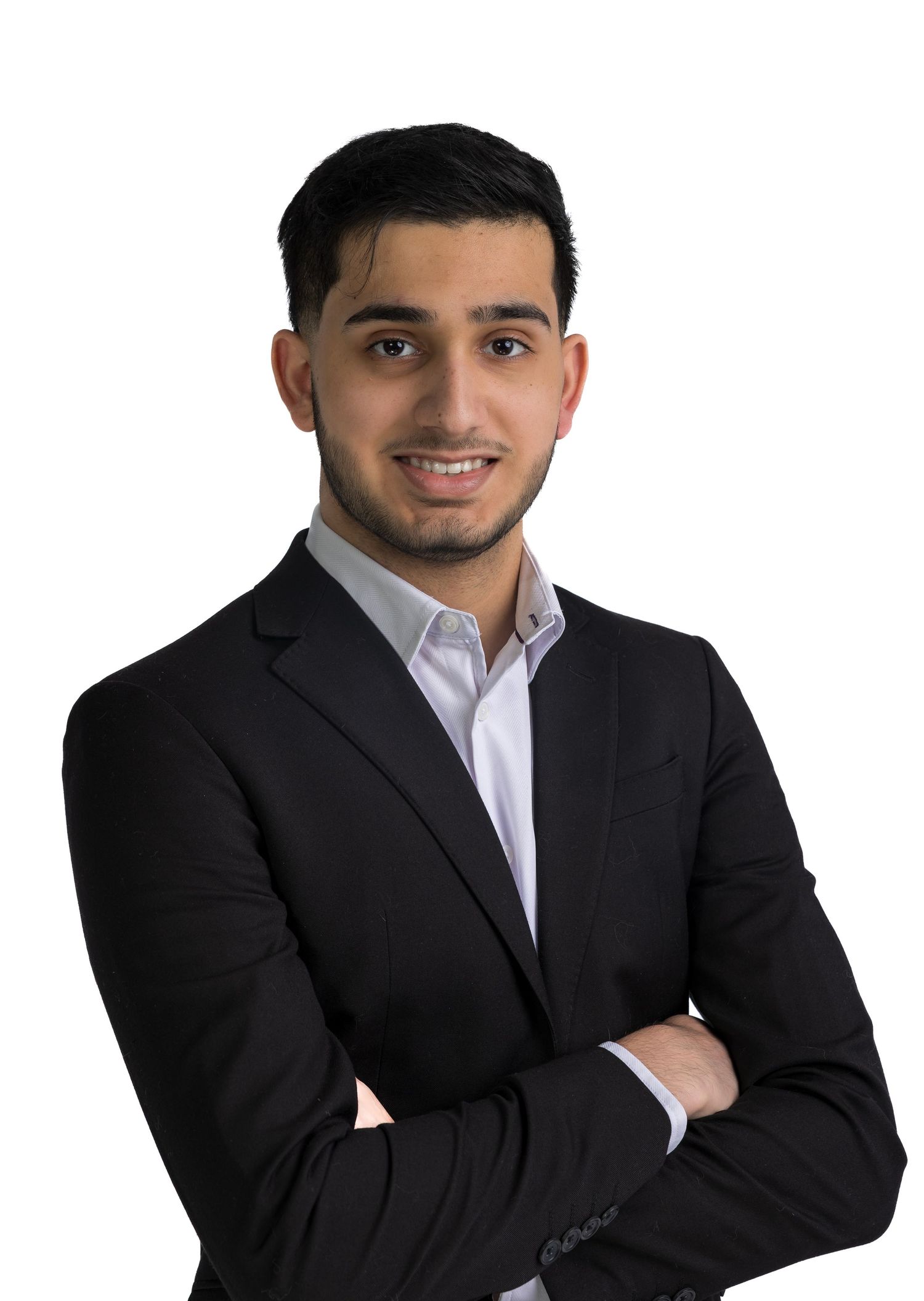 A professional headshot series showing different poses of someone in a dark suit and white shirt against white background.