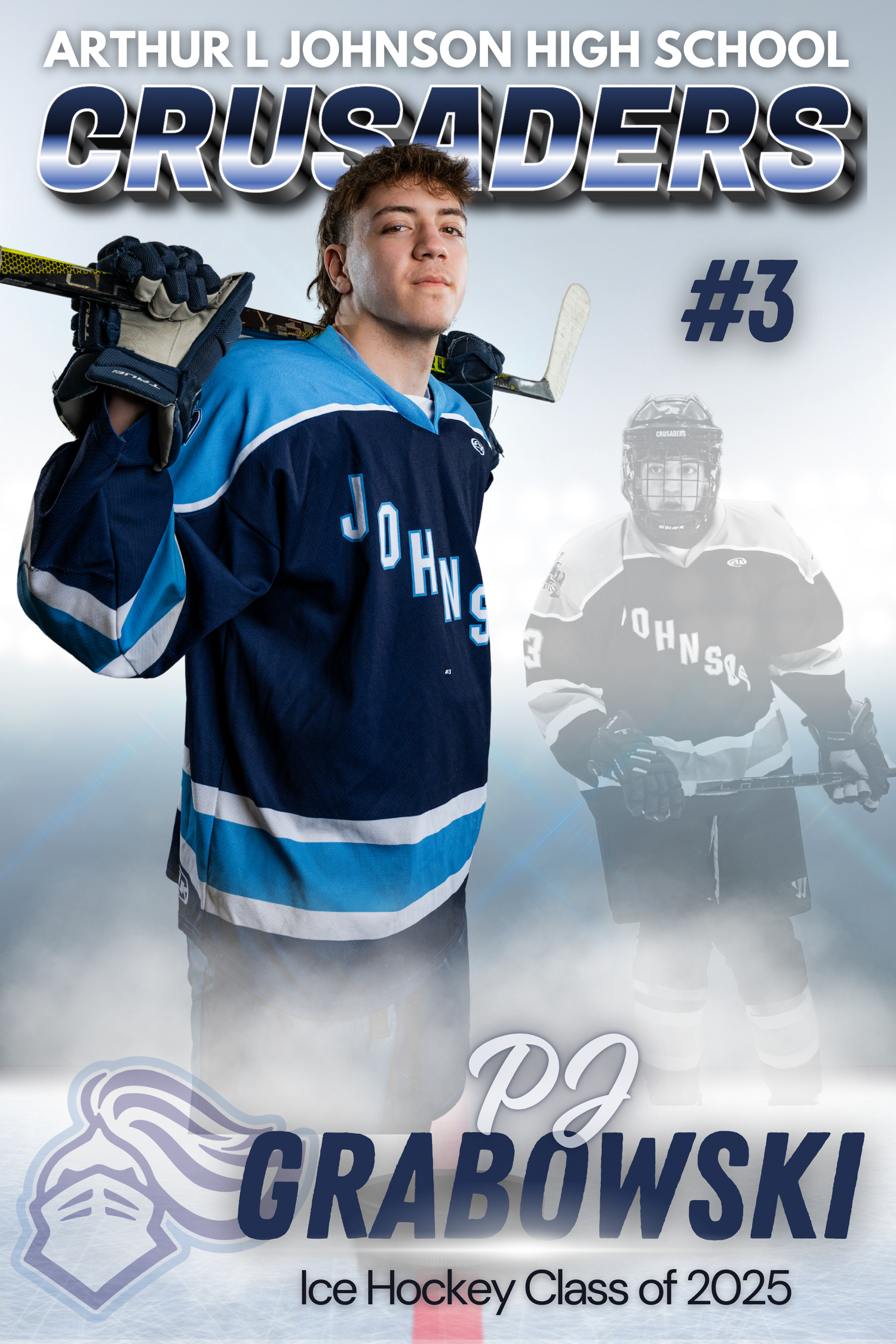 Ice hockey player portrait for Crusaders team wearing number 3 with ghosted background image.