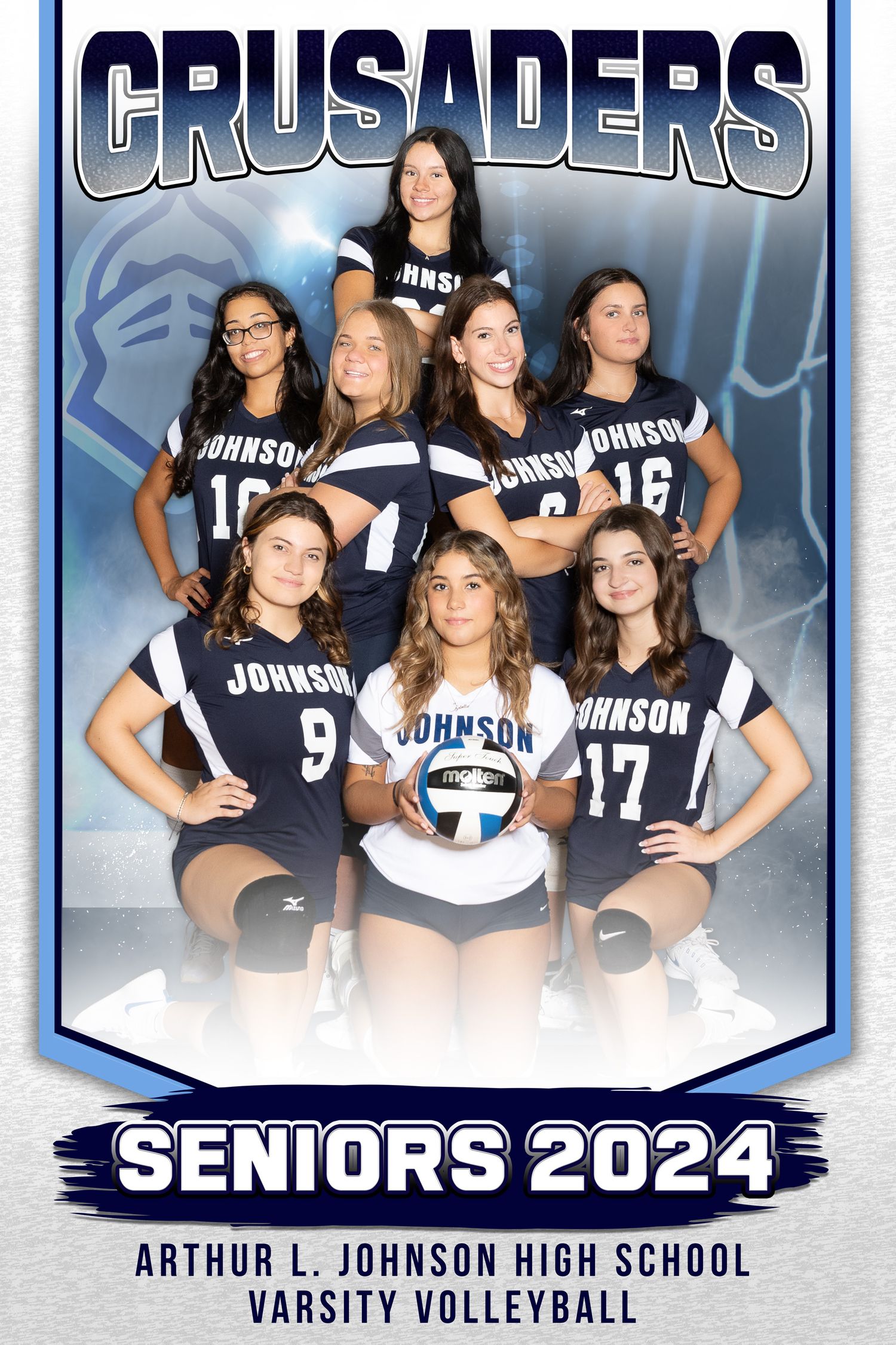 Senior volleyball team photo banner for Arthur L. Johnson High School Crusaders varsity team 2024.