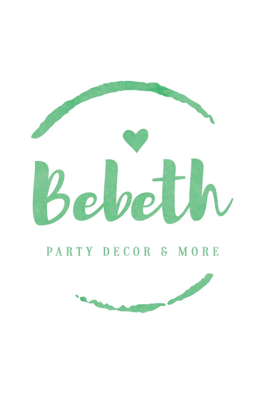 Mint green logo design for Bebeth party decor featuring a heart and circular frame.