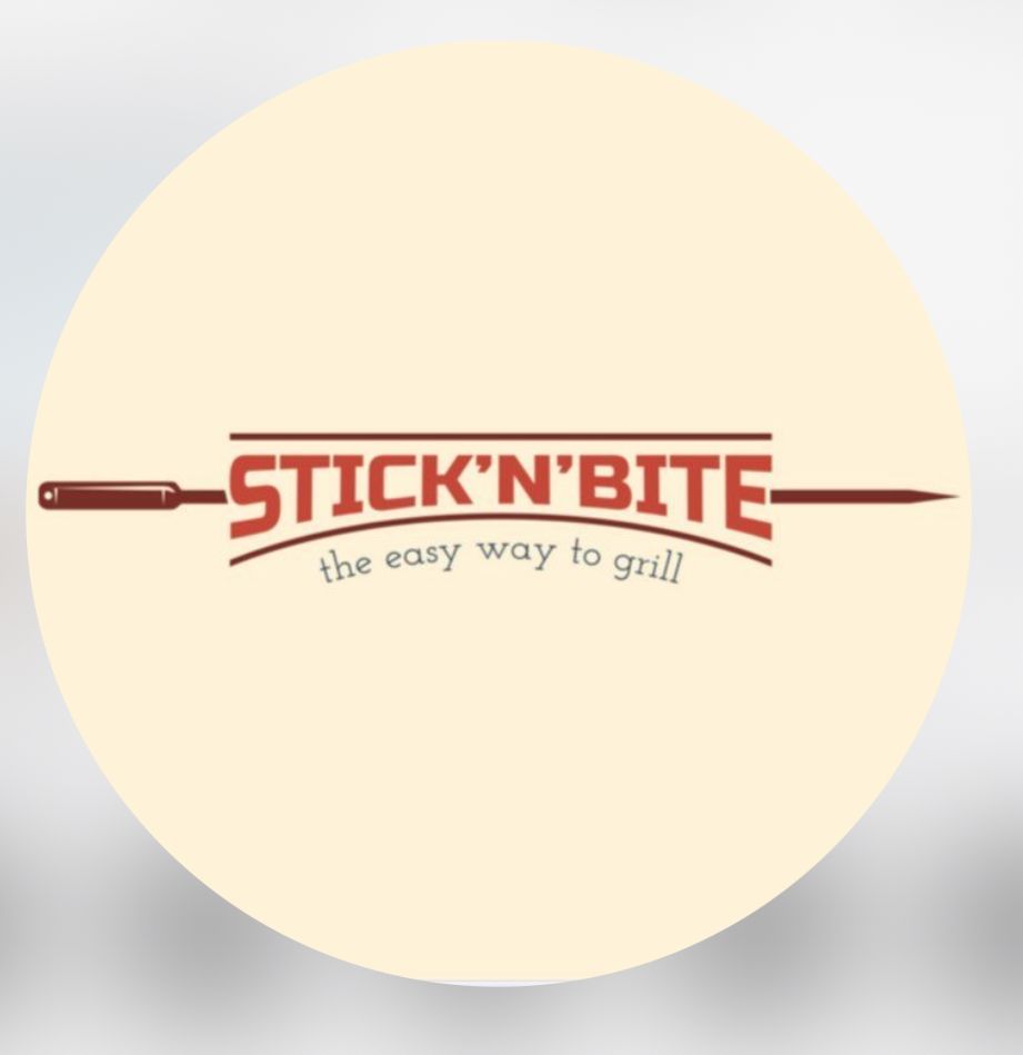 Red text logo variations for 'Stick n Bite' with grill fork design elements.