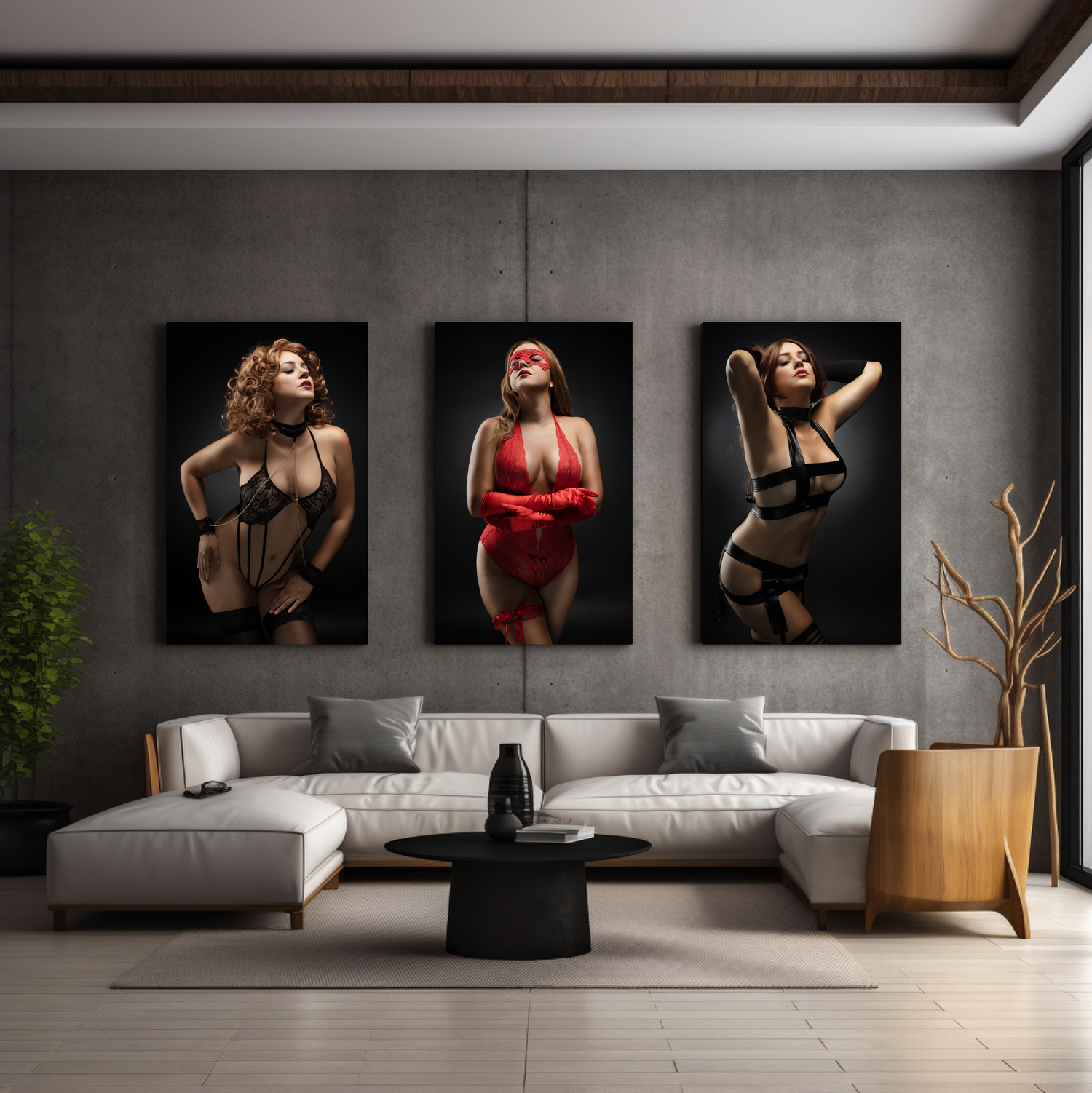 Modern living room interior with large black and white portrait photographs displayed on gray walls above sectional sofa.