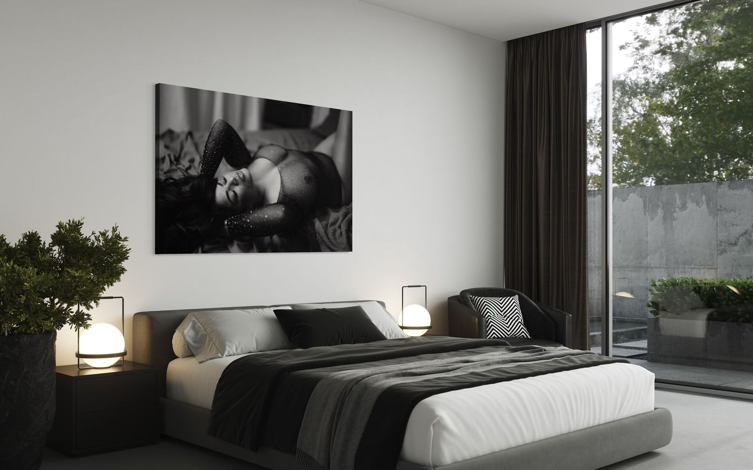 Modern minimalist bedroom design with floor-to-ceiling windows, neutral tones, and sleek furniture against a gray backdrop.
