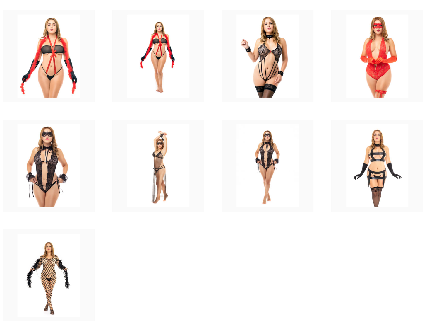 Fashion model in various poses wearing different swimwear and lingerie pieces against white background.