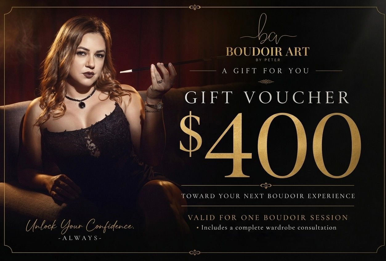 Boudoir Art $400 gift voucher featuring a glamorous woman in black, valid for one boudoir session with wardrobe consultation.