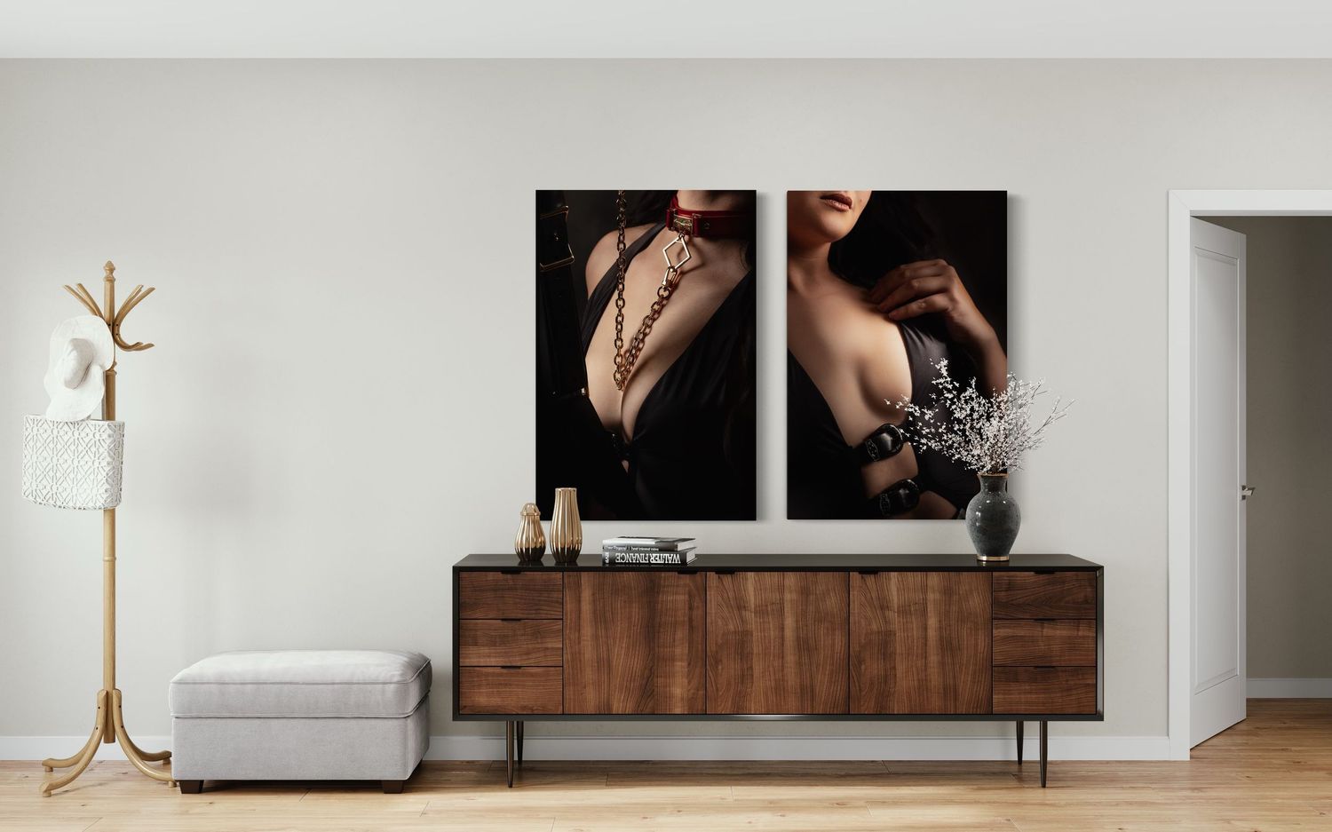 Modern living room interior with minimalist furniture, wooden cabinet, and a stylish coat rack stand.
