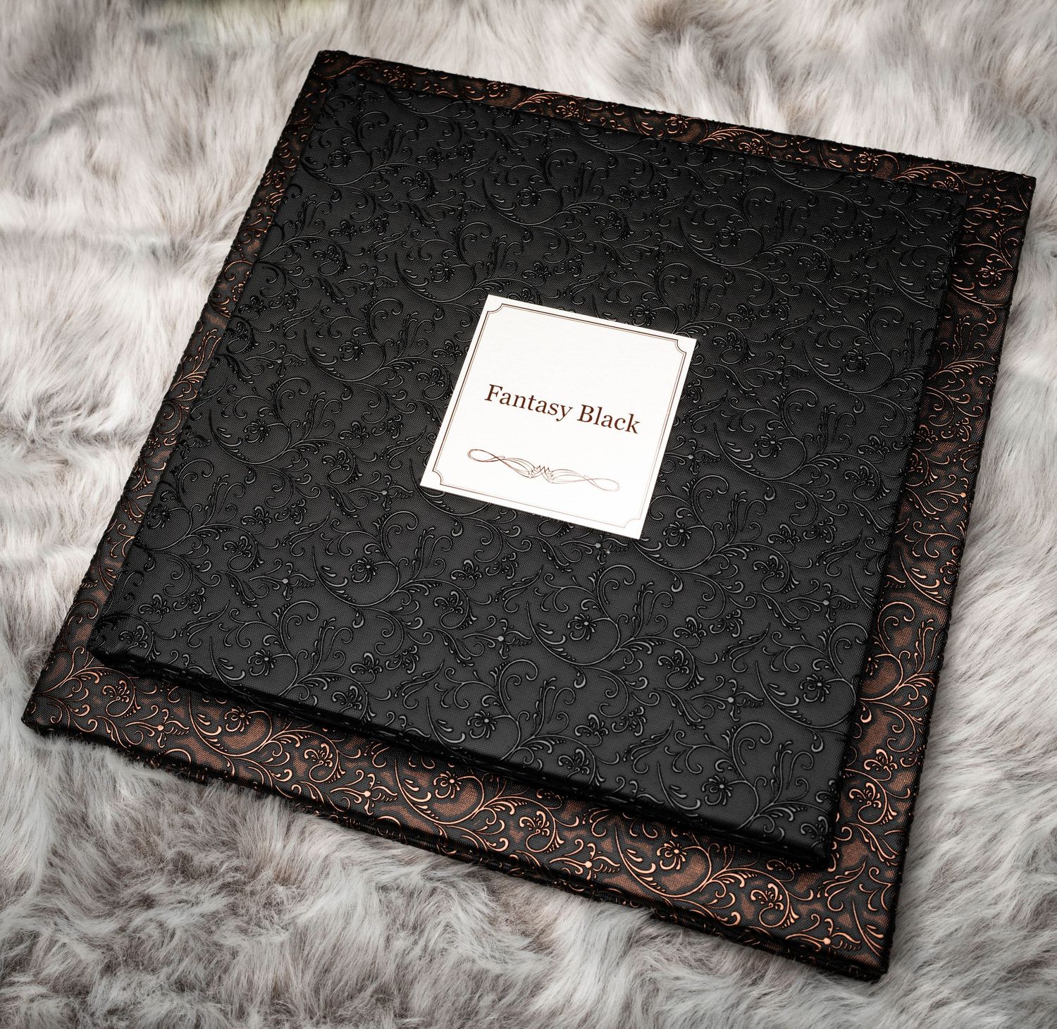 Stylish black leather wallet with textured pattern shown from different angles on white fur background.