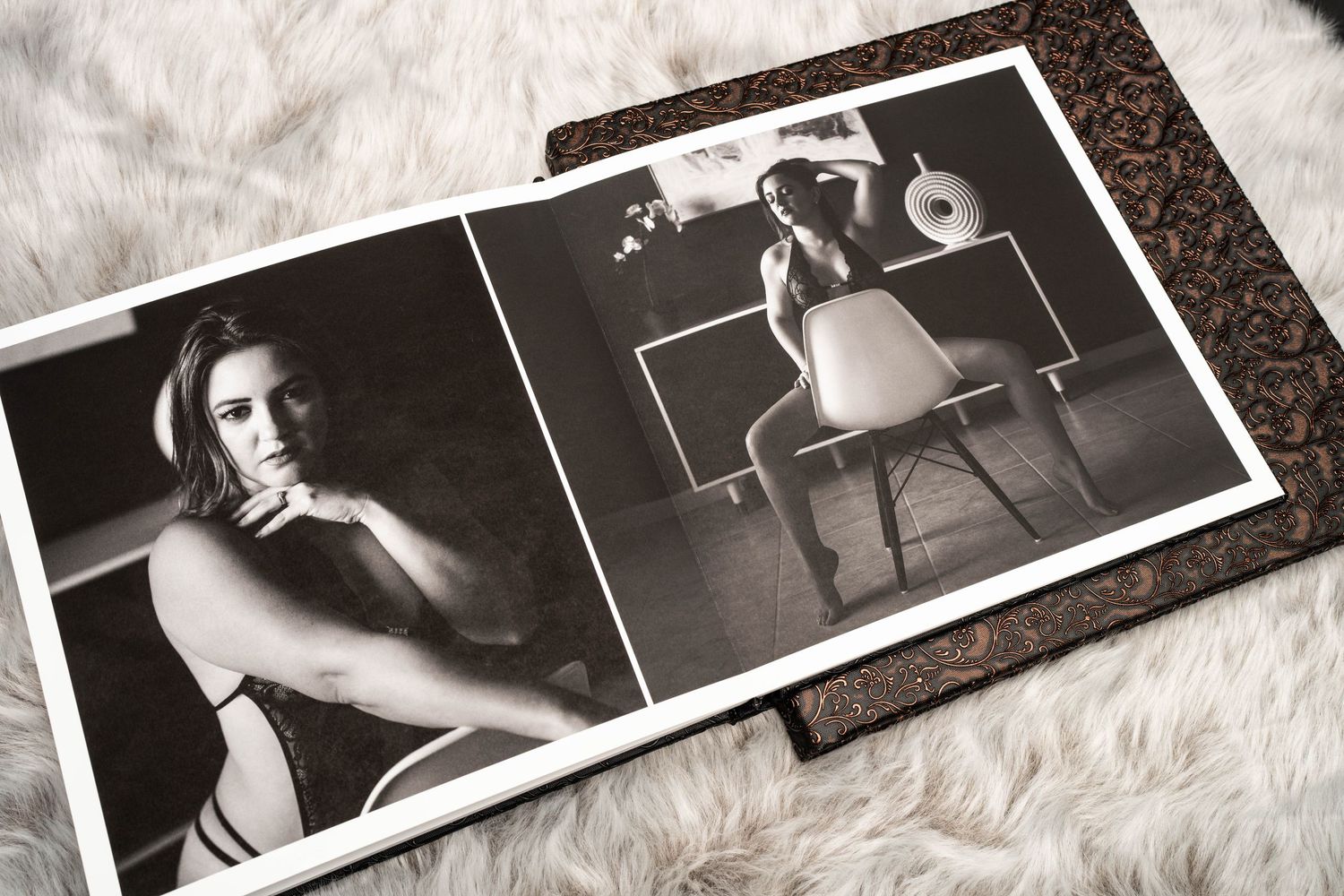 A series of black and white film strip photos arranged in a row on a white textured surface.