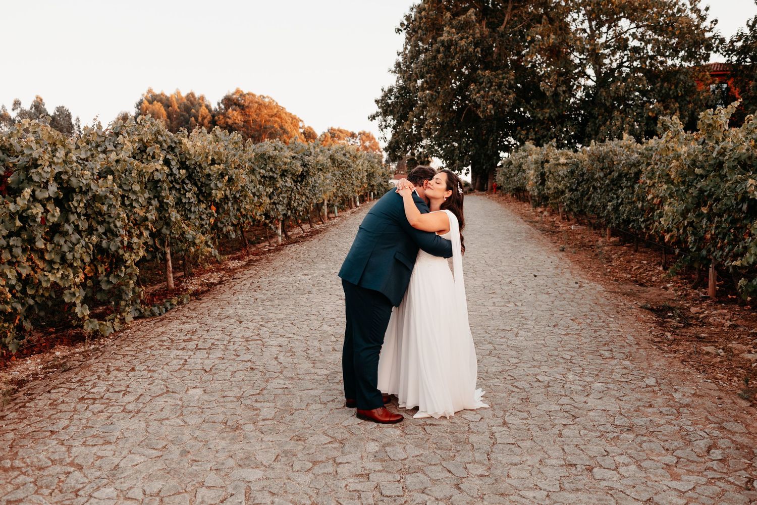 Bride and groom sharing a romantic kiss on a cobblestone path surrounded by lush vineyard rows at golden hour.
