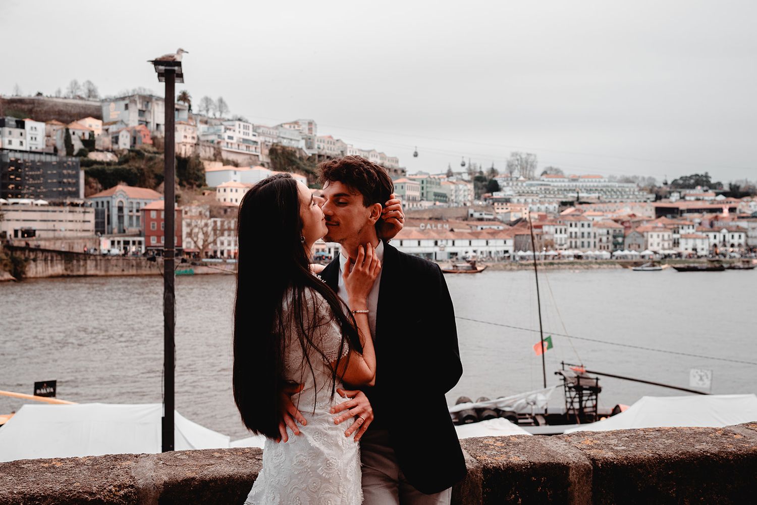 Scenic waterfront view of Porto with historic buildings along riverside.