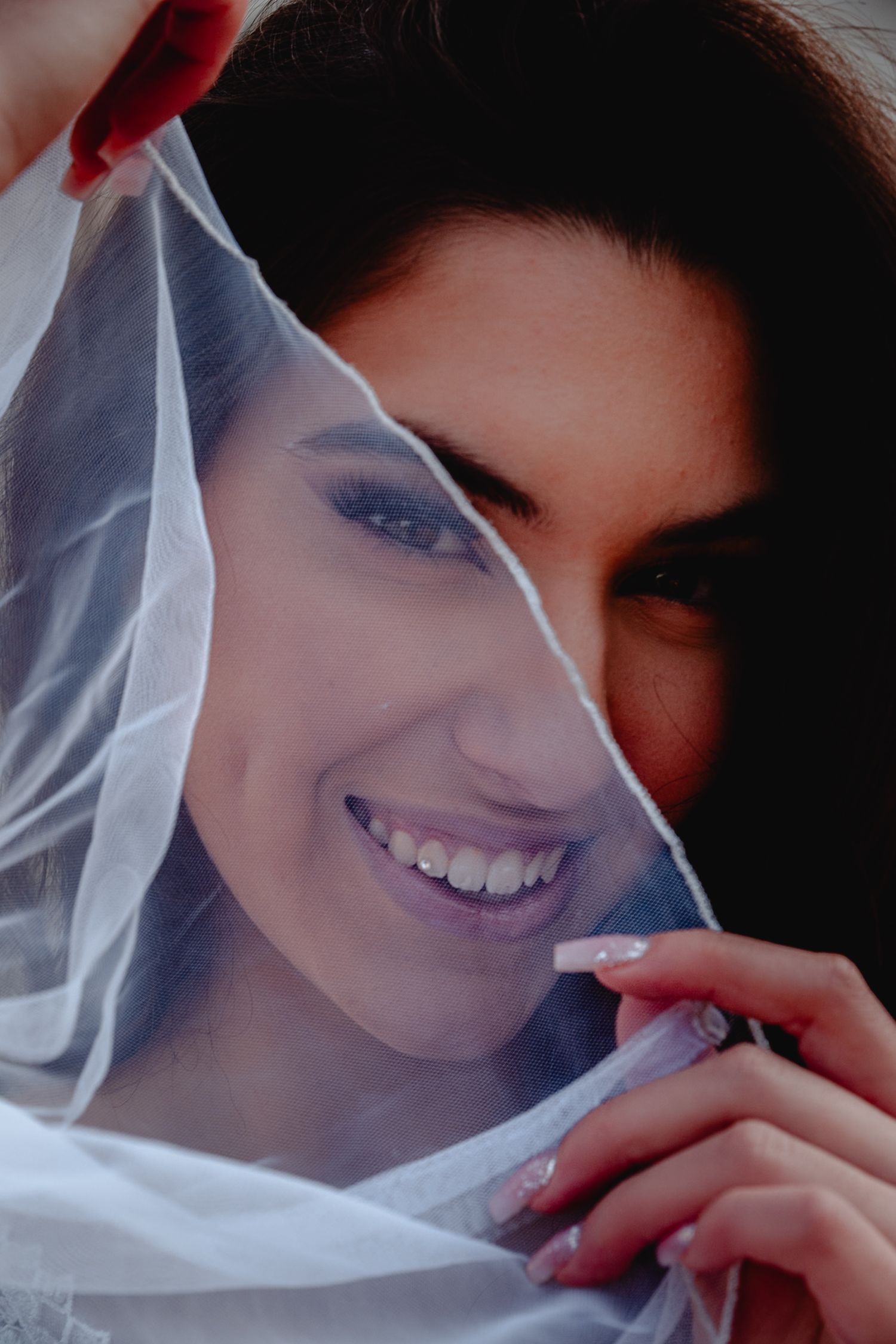Close-up portrait through sheer veil showing delicate bridal makeup and gentle expression.
