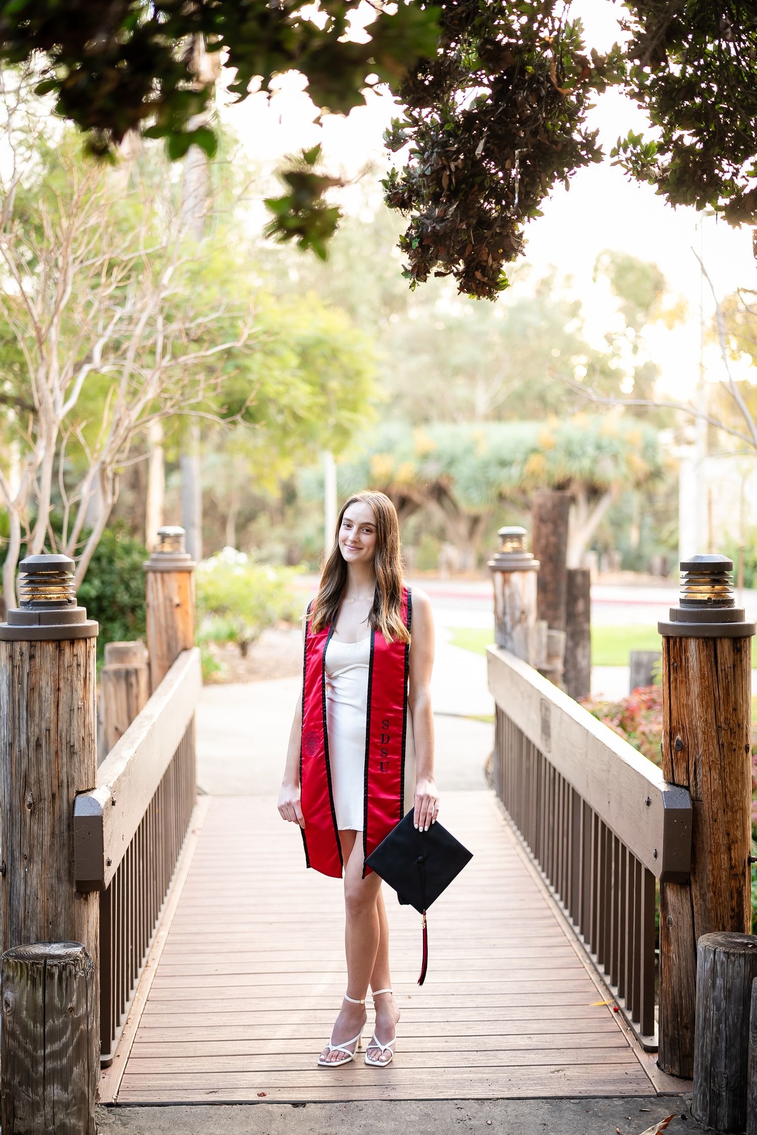 Portrait sequence on a wooden boardwalk surrounded by trees and natural lighting.