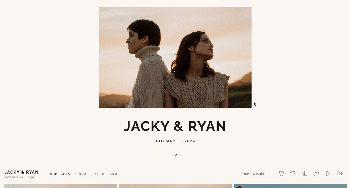 Minimalist wedding photography website layout with clean typography and neutral color scheme.