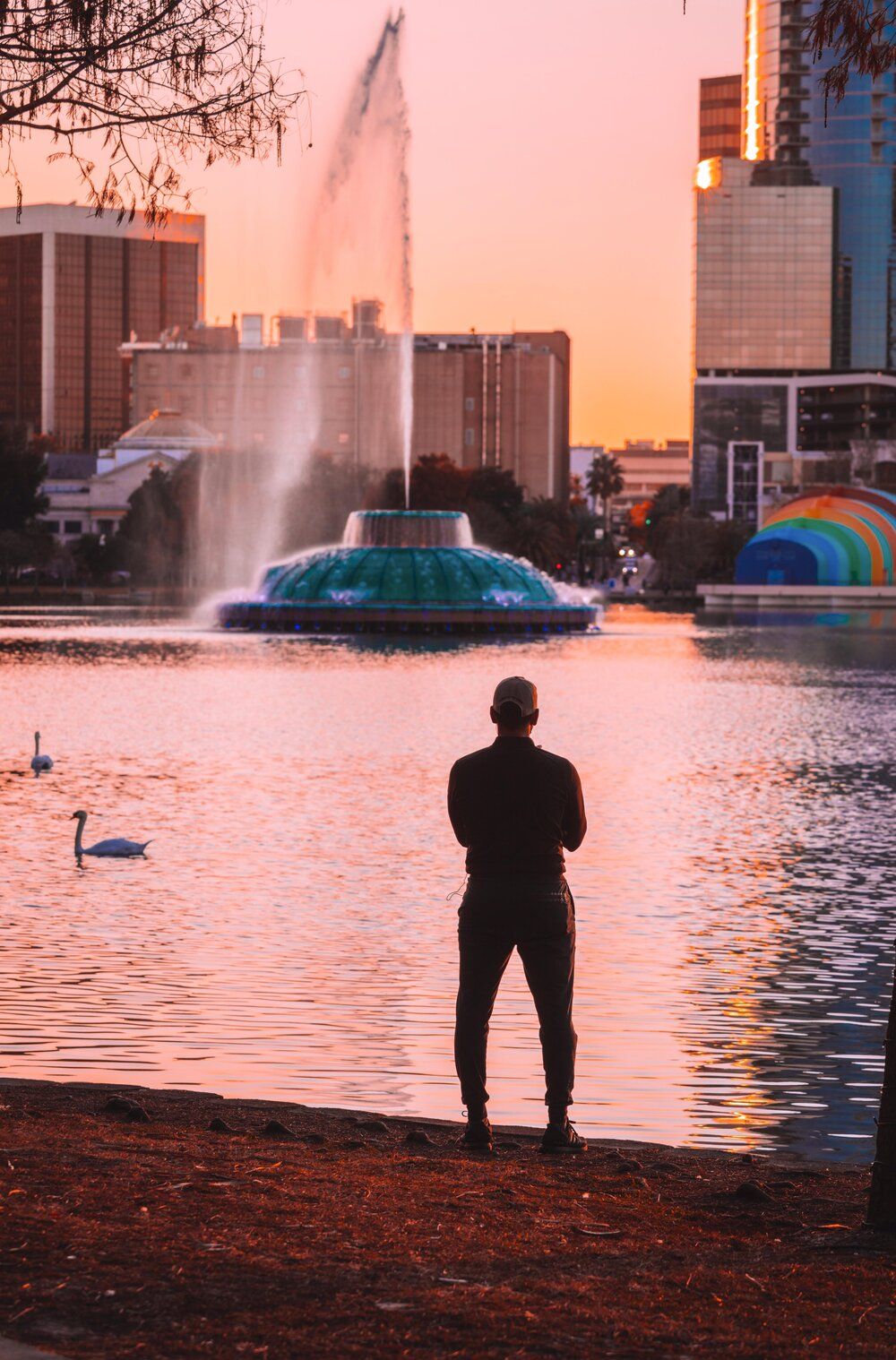 A silhouetted figure watches a fountain at sunset in Lake Eola Park, Orlando, with city buildings in the background.