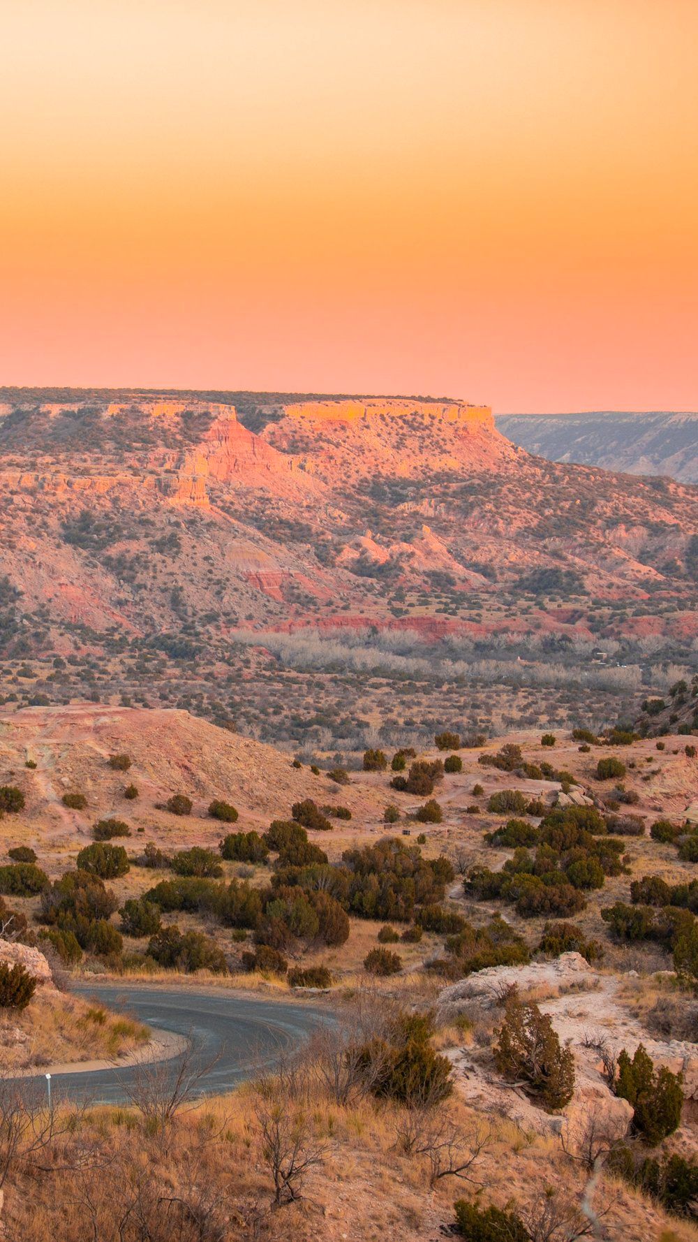 Desert landscape with winding road and red rock formations during a vibrant sunset.