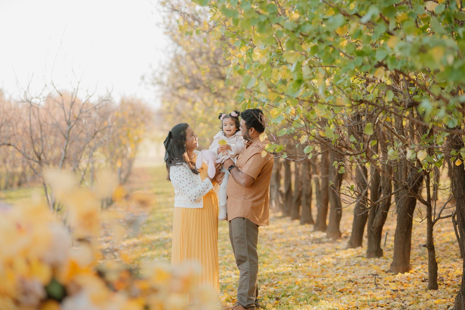Young family of three shares a joyful moment in a sunlit autumn orchard with golden yellow trees.