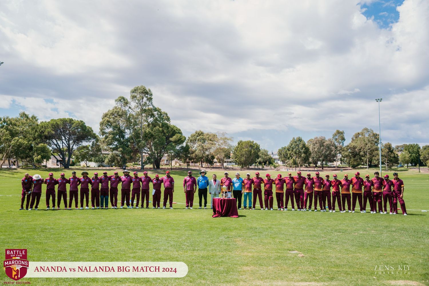 Cricket teams lined up on field during Ananda vs Nalanda Big Match 2024 ceremony.