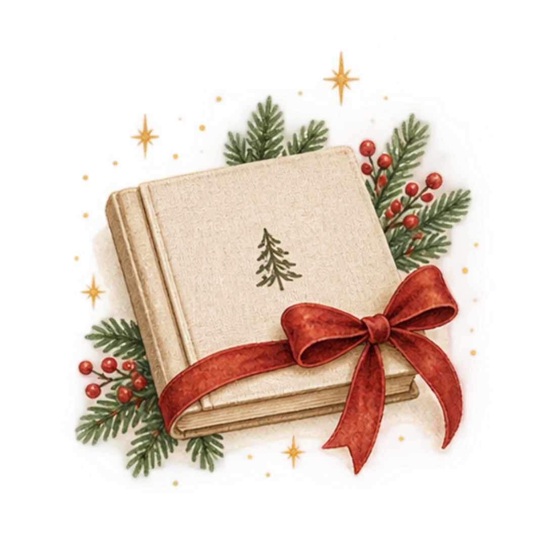Vintage Christmas book gift with red bow, holly berries, pine branches, and gold stars on white background.