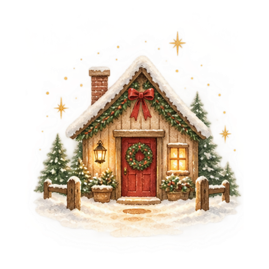 Watercolor Christmas cottage with snow-covered roof, wreath on red door, festive garland, glowing lantern, and pine trees.
