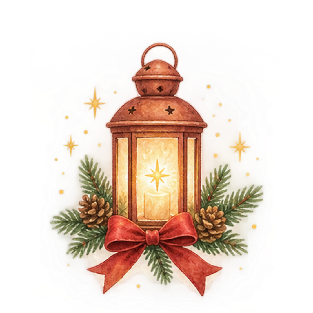 Vintage red Christmas lantern with glowing candle, pine branches, pinecones, red bow, and gold stars on white background.