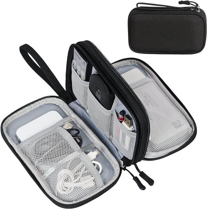 A black protective zipper case with mesh pockets and dividers shown at multiple angles for electronics storage.
