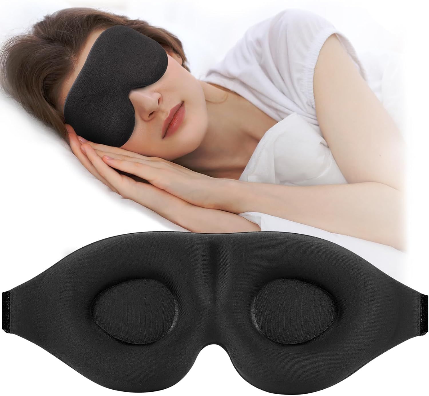 Black foam contoured sleep masks with elastic straps shown in various angles against white background.