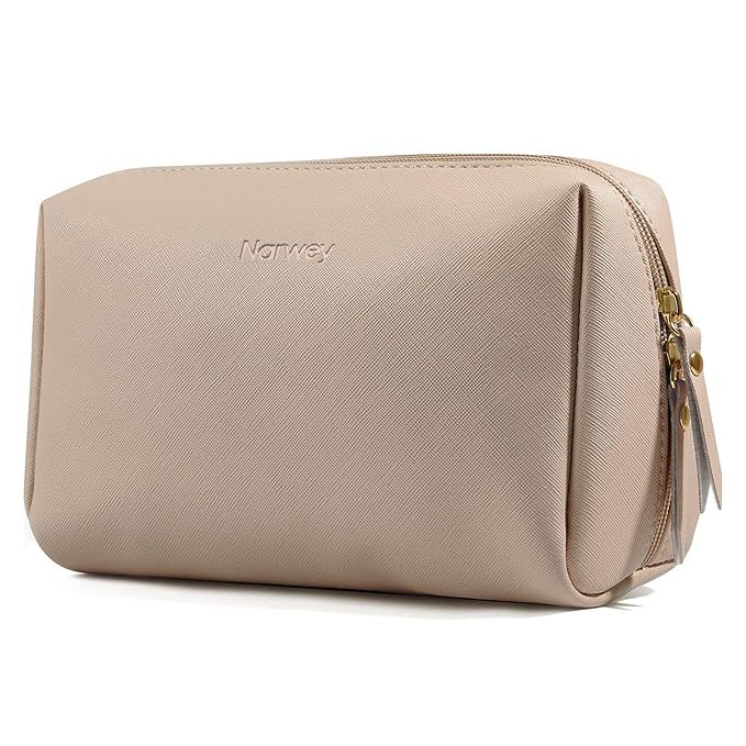 Taupe leather cosmetic bag shown from multiple angles displaying zipper closure and sleek minimalist design.