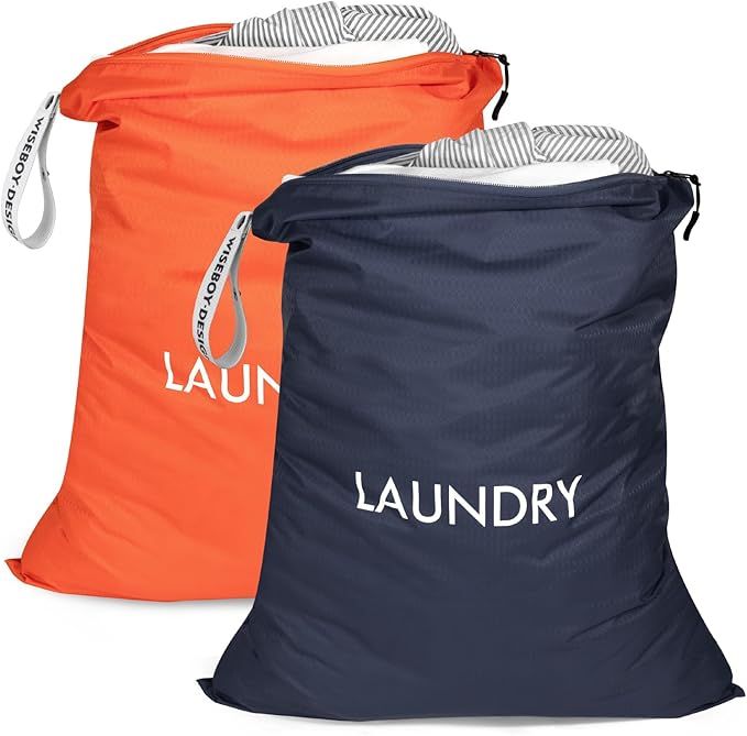 Two striped laundry bags in navy blue and orange with drawstring closure and carrying handles.