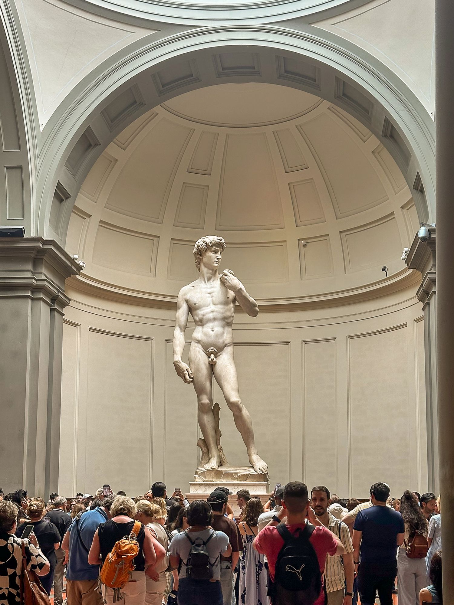 Michelangelo's David statue displayed under a domed ceiling with crowds of museum visitors.