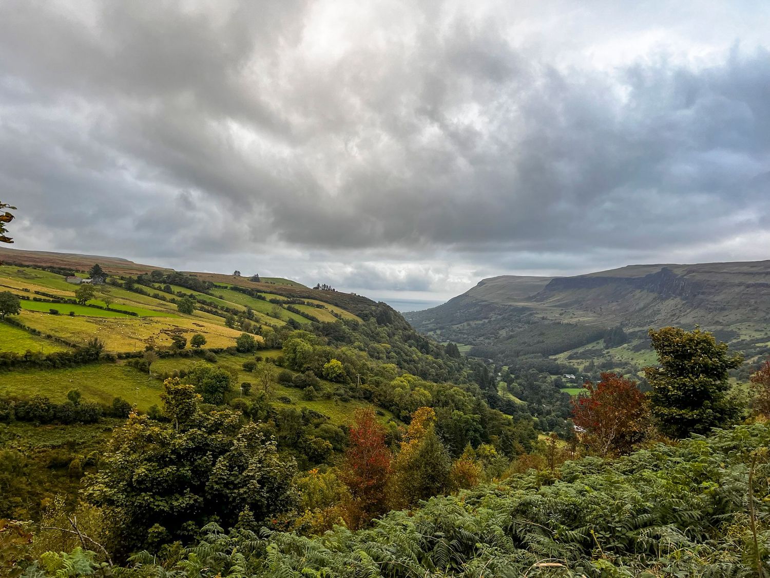 Rolling green hills and valleys under moody cloudy skies in the countryside.