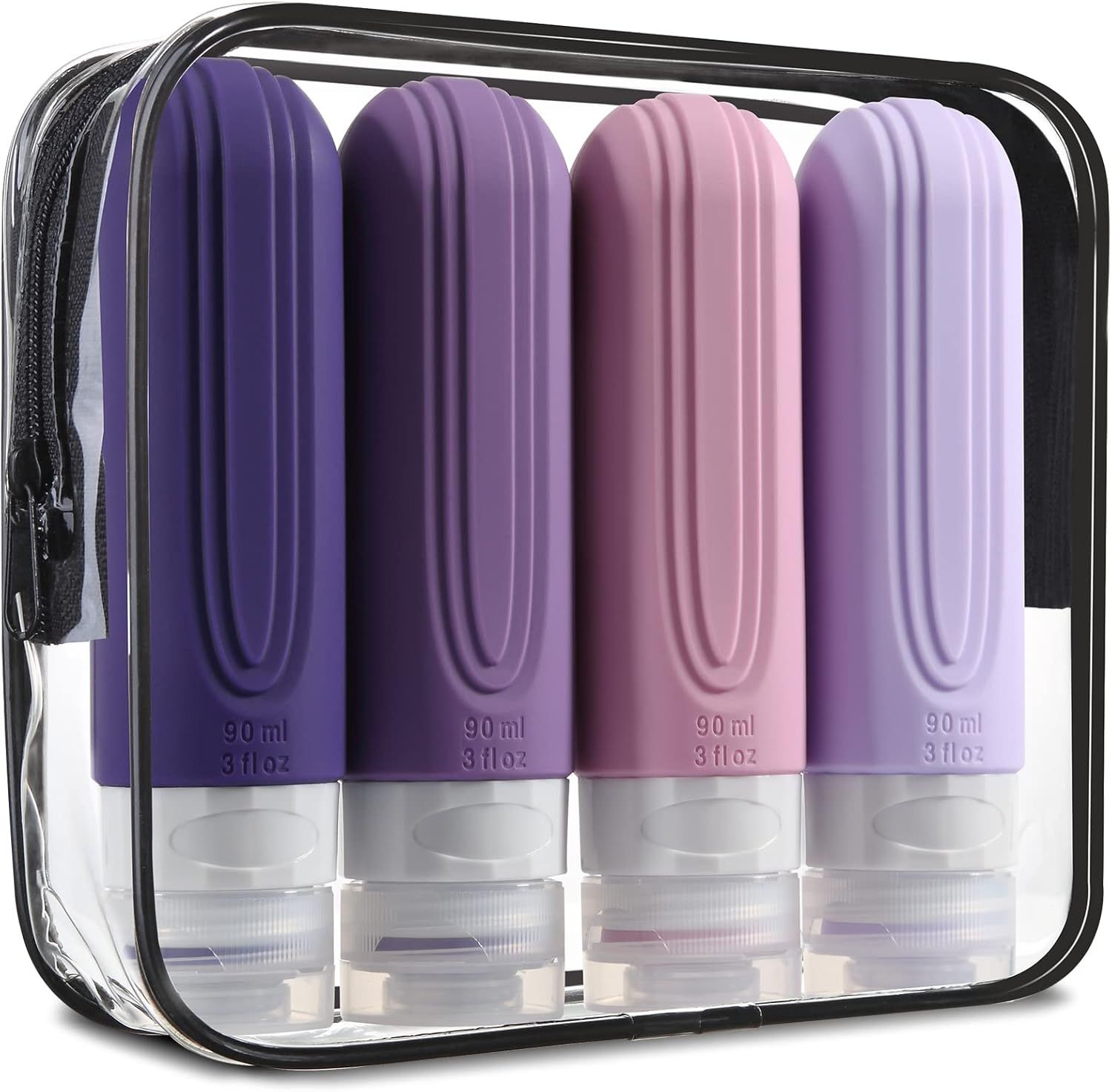 Clear plastic travel case displaying purple and pink vibrator accessories in a neat row arrangement.