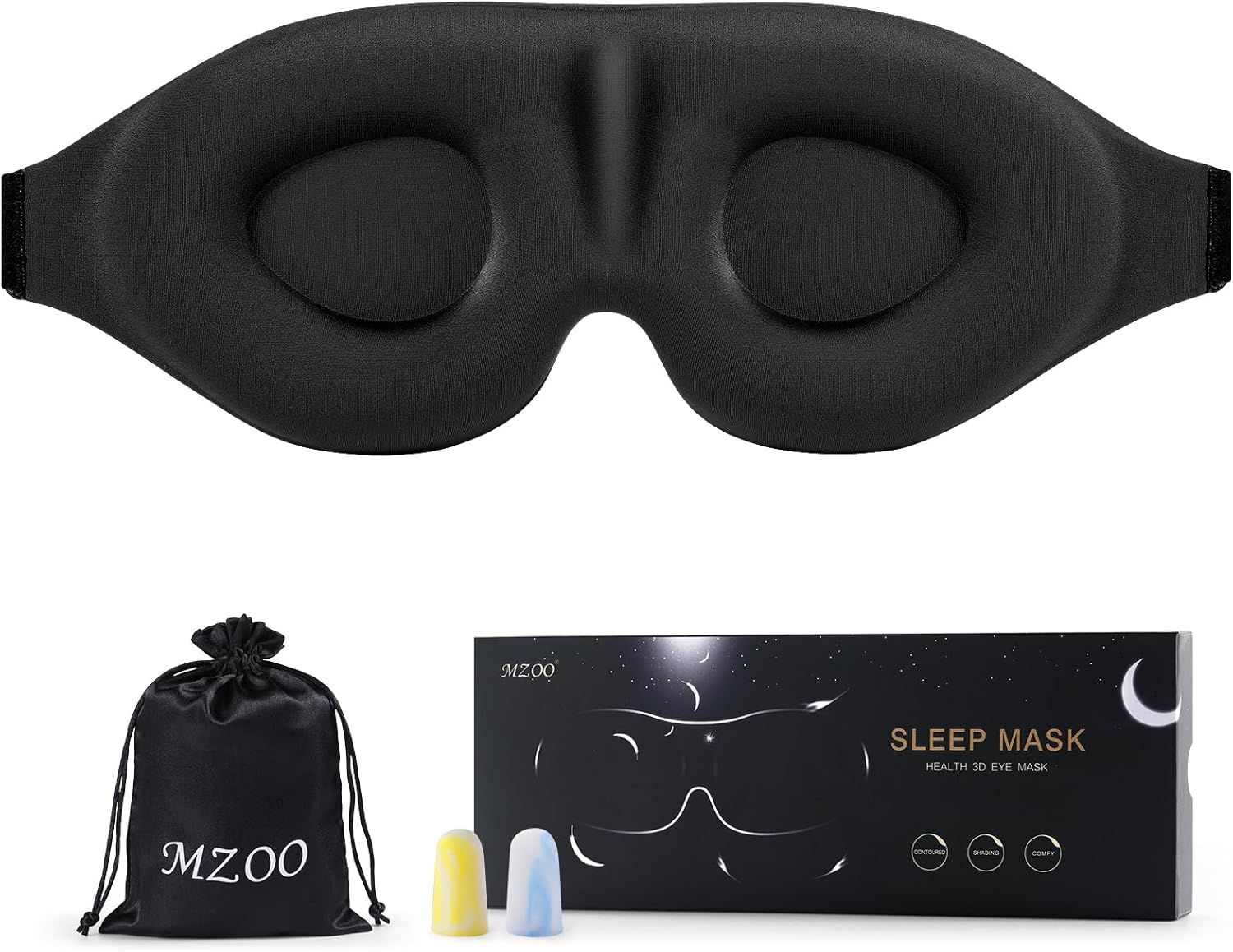 Black contoured sleep mask with foam padding comes with carrying pouch and earplugs for comfortable rest and travel.
