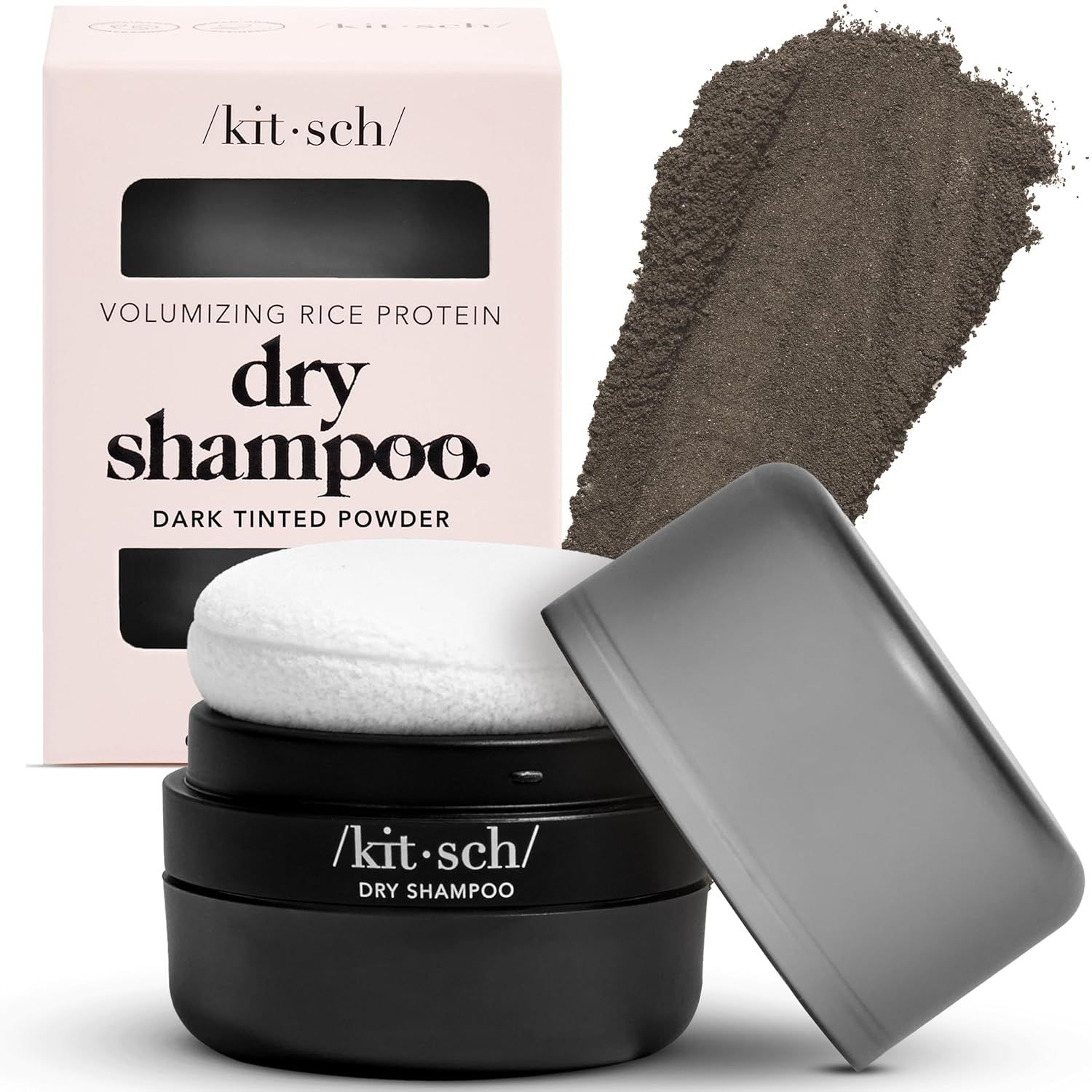 Several product images of Kit-sch dry shampoo containers and powders in neutral gray and black packaging with pink accents.