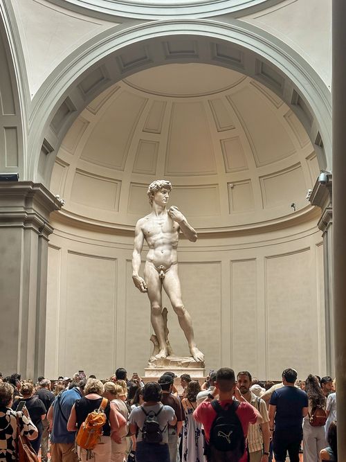 Michelangelo's famous David statue stands in a domed gallery as tourists gather to view the Renaissance masterpiece.