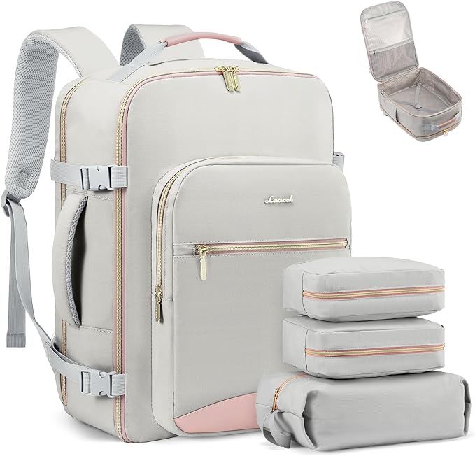 Grey travel backpack with rose gold accents shown with matching packing cubes and toiletry case accessories.