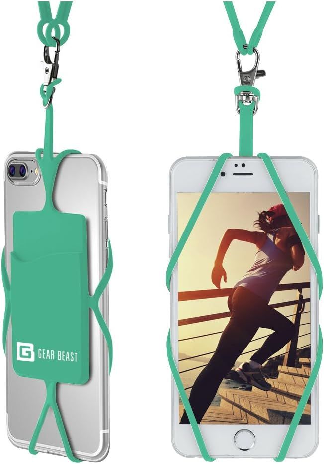 Teal silicone smartphone lanyard holder with flexible straps shown from front and back views on white background.