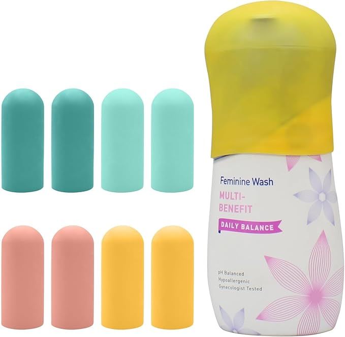 Feminine hygiene wash bottle in yellow with small silicone finger covers in pastel pink, yellow, and turquoise colors arranged on white.