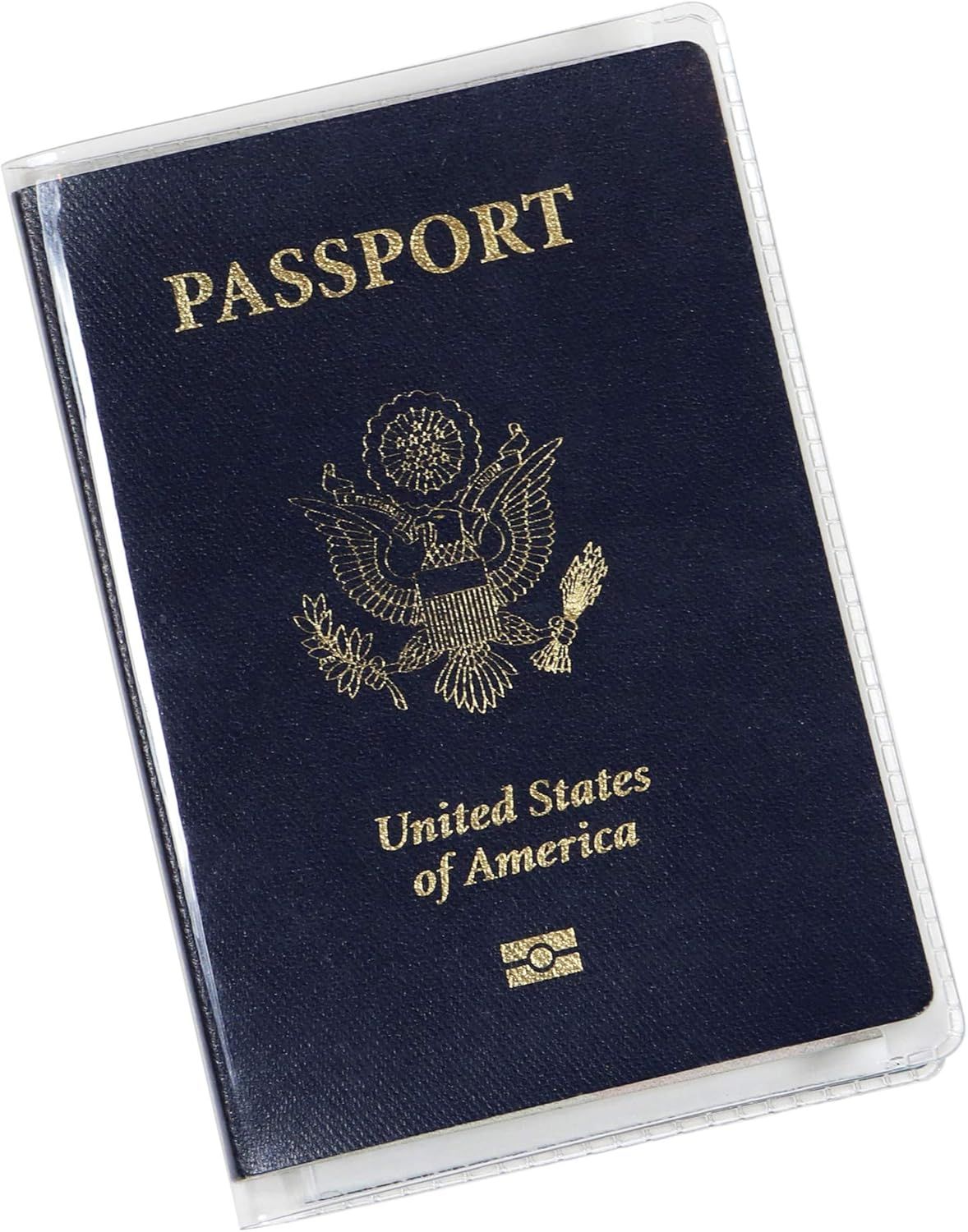 Three views of a dark blue United States passport cover showing the gold emblem and text at different angles.