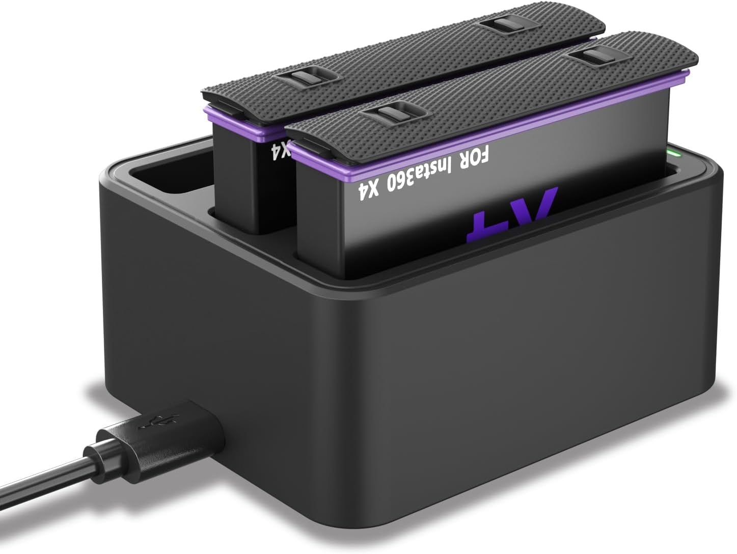 Black electronic device charging dock with purple LED accent light and carbon fiber textured top panel.