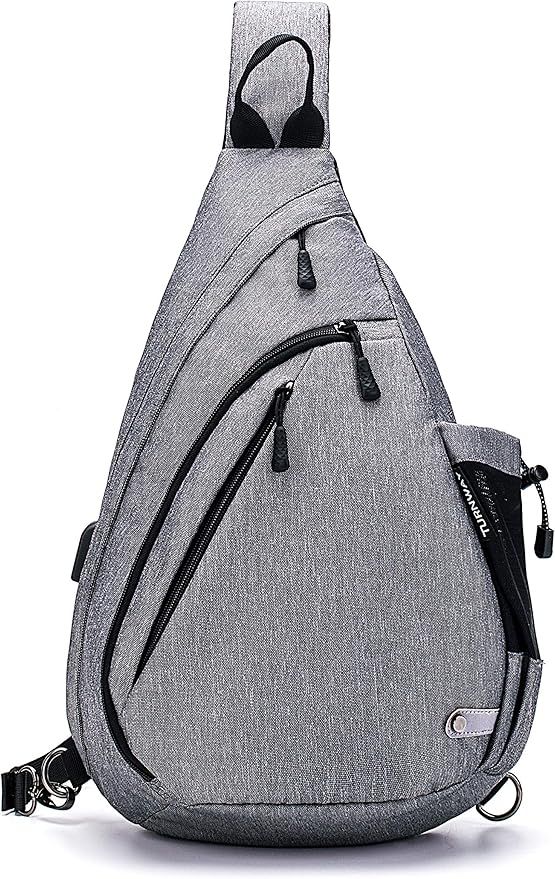 Gray triangular sling backpack shown from multiple angles displaying USB charging port and zippered compartments.