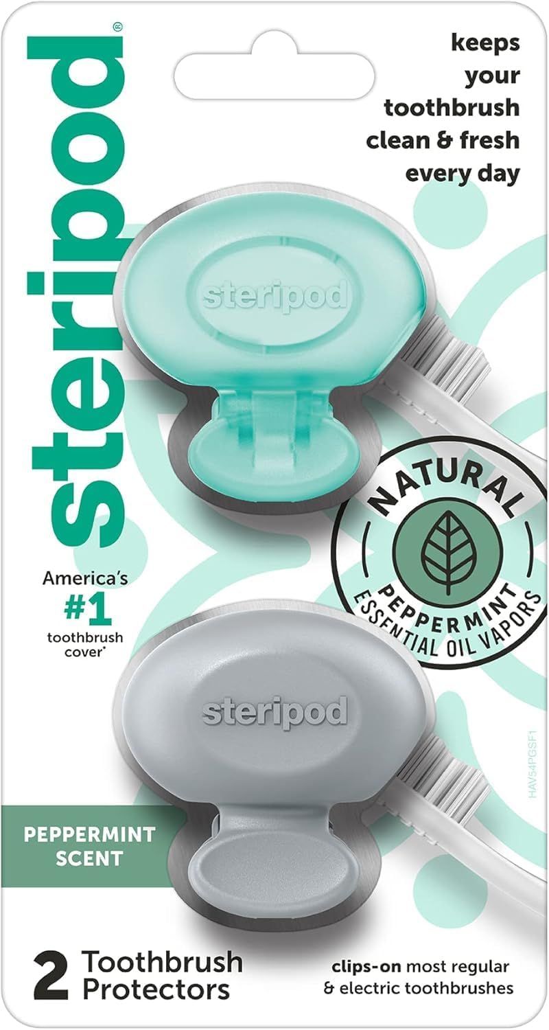Mint green Steripod toothbrush protector clips showcase peppermint scent and natural antimicrobial features for dental hygiene.
